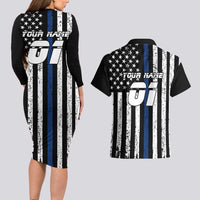 Personalized Motocross Rider Couples Matching Long Sleeve Bodycon Dress and Hawaiian Shirt with Splash Pattern and Dirt Bike Jump Illustration - Wonder Print Shop