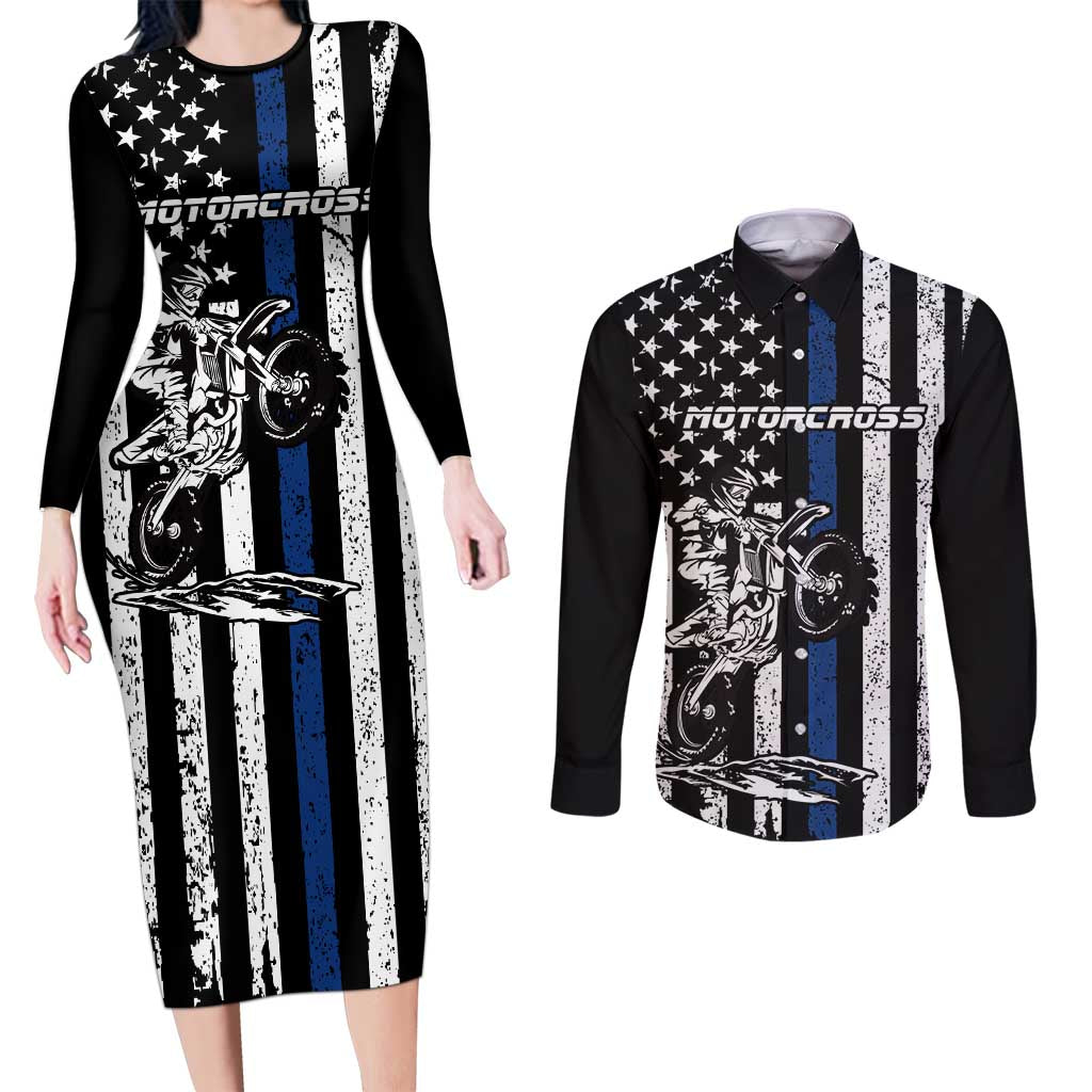 Personalized Motocross Rider Couples Matching Long Sleeve Bodycon Dress and Long Sleeve Button Shirt with Splash Pattern and Dirt Bike Jump Illustration - Wonder Print Shop