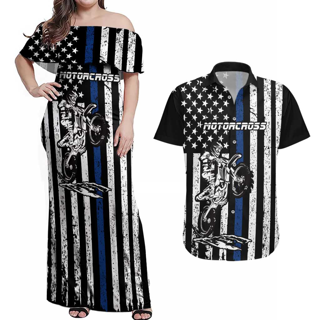Personalized Motocross Rider Couples Matching Off Shoulder Maxi Dress and Hawaiian Shirt with Splash Pattern and Dirt Bike Jump Illustration - Wonder Print Shop