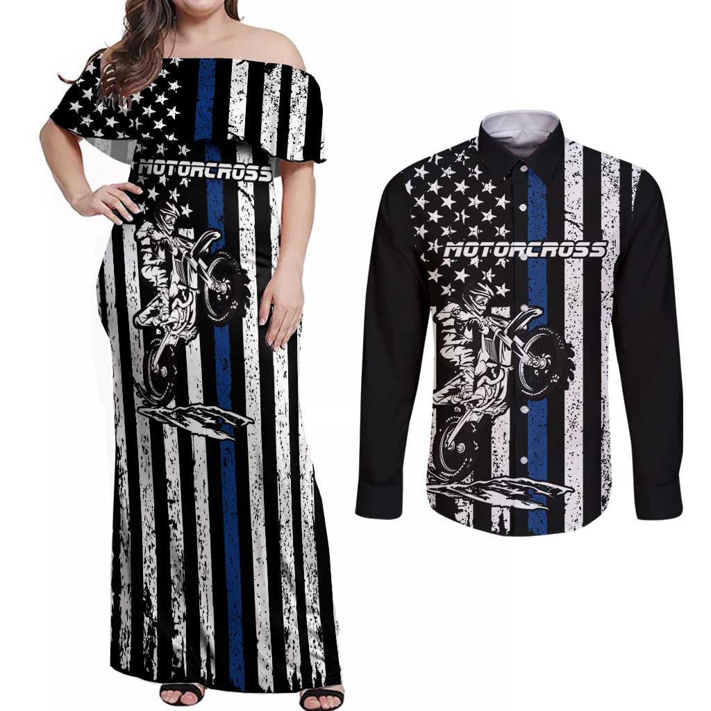Personalized Motocross Rider Couples Matching Off Shoulder Maxi Dress and Long Sleeve Button Shirt with Splash Pattern and Dirt Bike Jump Illustration - Wonder Print Shop