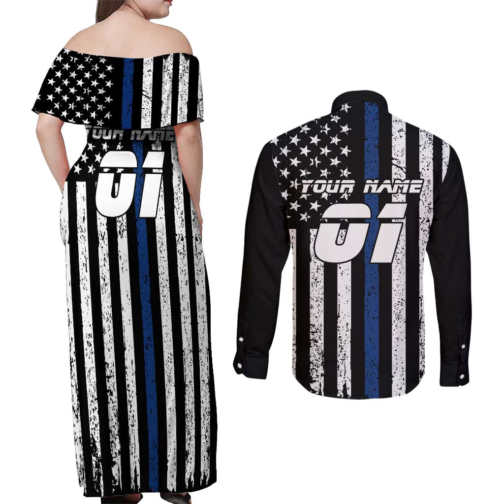 Personalized Motocross Rider Couples Matching Off Shoulder Maxi Dress and Long Sleeve Button Shirt with Splash Pattern and Dirt Bike Jump Illustration - Wonder Print Shop