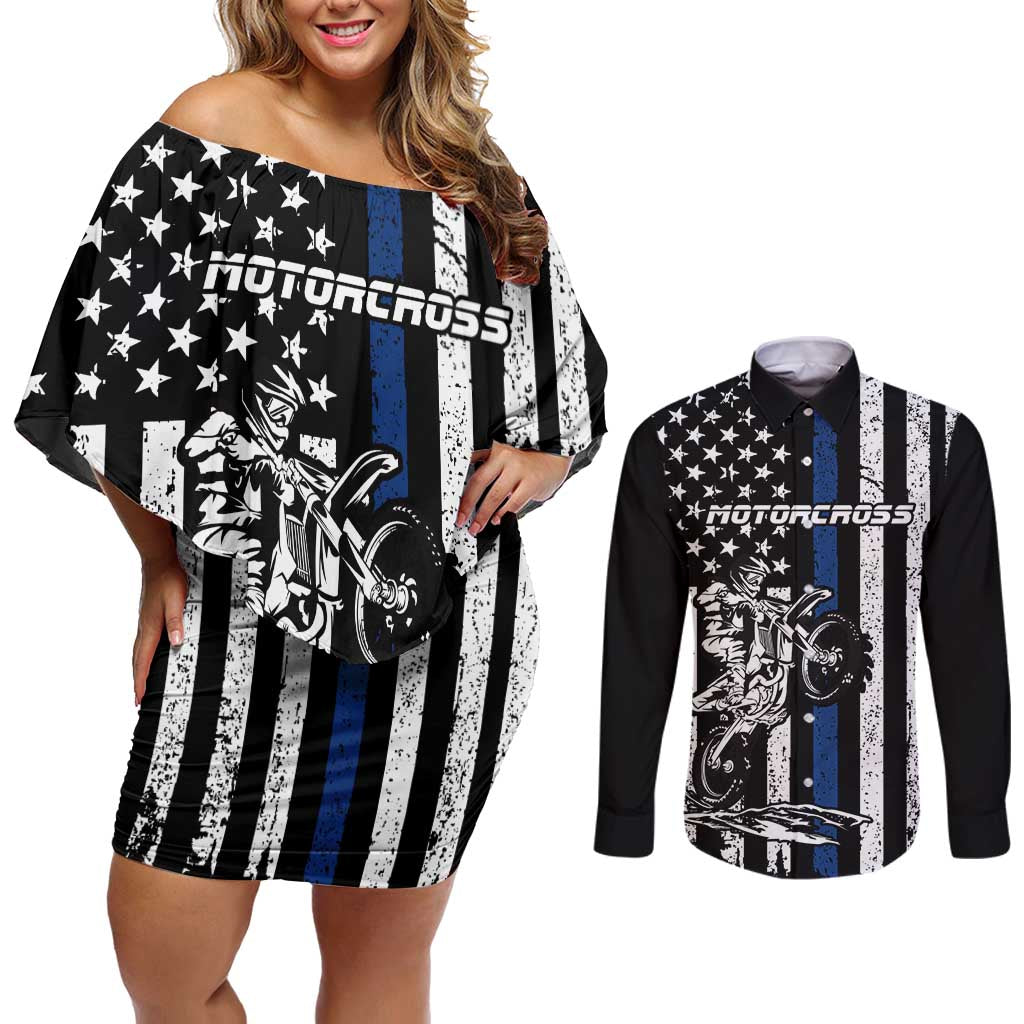 Personalized Motocross Rider Couples Matching Off Shoulder Short Dress and Long Sleeve Button Shirt with Splash Pattern and Dirt Bike Jump Illustration - Wonder Print Shop