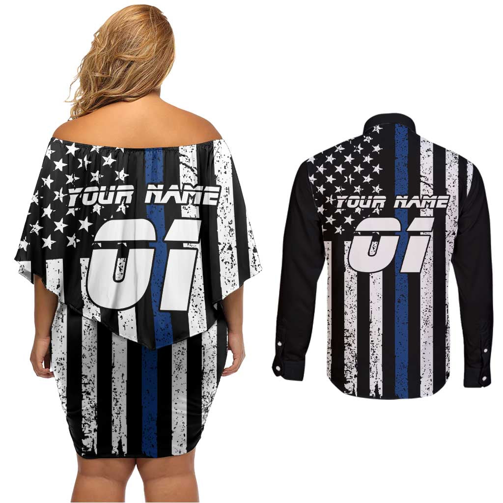 Personalized Motocross Rider Couples Matching Off Shoulder Short Dress and Long Sleeve Button Shirt with Splash Pattern and Dirt Bike Jump Illustration - Wonder Print Shop