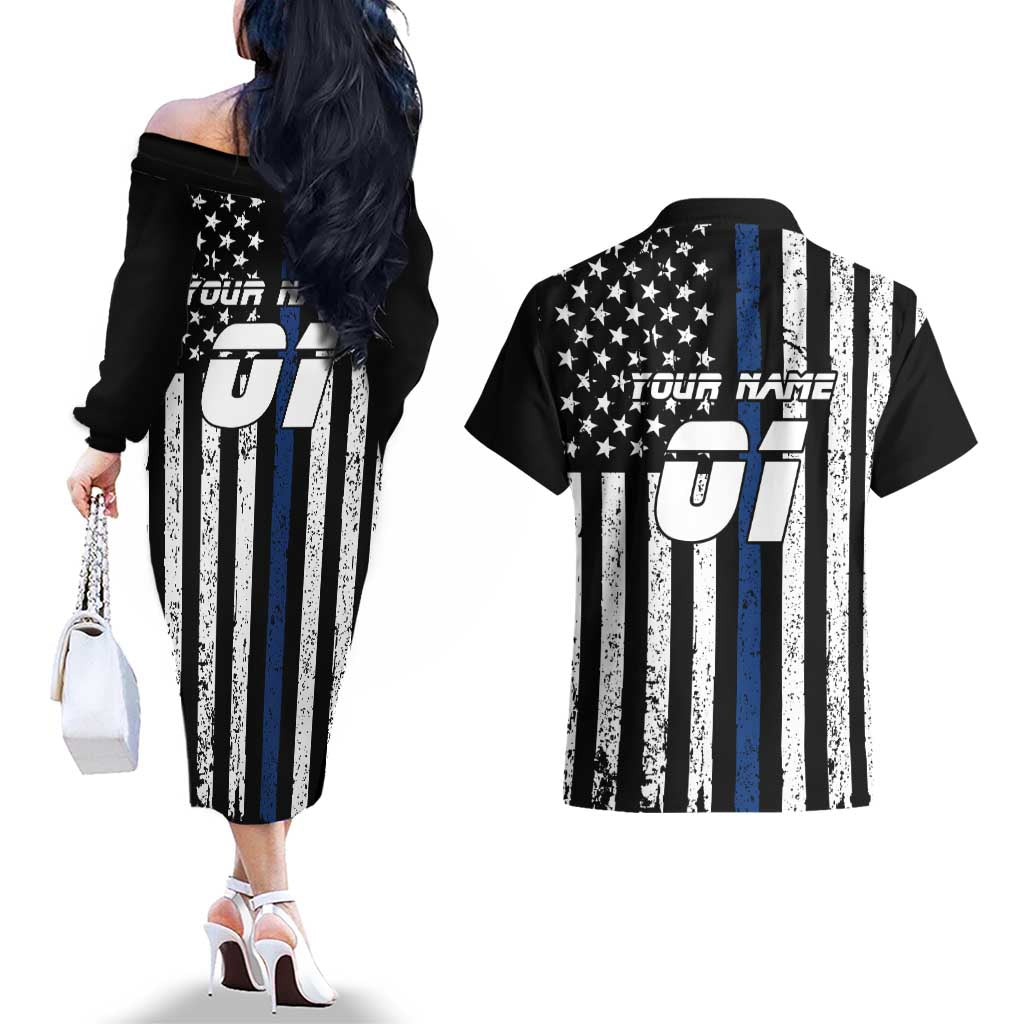 Personalized Motocross Rider Couples Matching Off The Shoulder Long Sleeve Dress and Hawaiian Shirt with Splash Pattern and Dirt Bike Jump Illustration - Wonder Print Shop