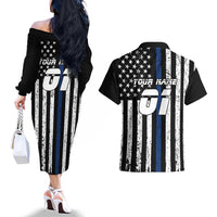 Personalized Motocross Rider Couples Matching Off The Shoulder Long Sleeve Dress and Hawaiian Shirt with Splash Pattern and Dirt Bike Jump Illustration - Wonder Print Shop