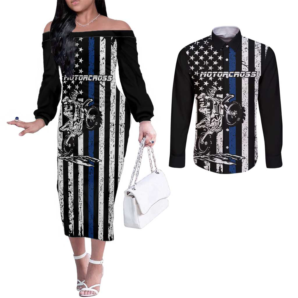 Personalized Motocross Rider Couples Matching Off The Shoulder Long Sleeve Dress and Long Sleeve Button Shirt with Splash Pattern and Dirt Bike Jump Illustration - Wonder Print Shop