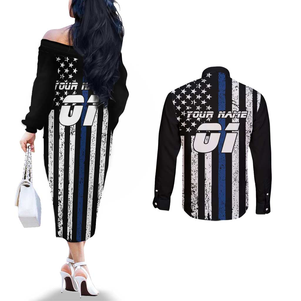 Personalized Motocross Rider Couples Matching Off The Shoulder Long Sleeve Dress and Long Sleeve Button Shirt with Splash Pattern and Dirt Bike Jump Illustration - Wonder Print Shop