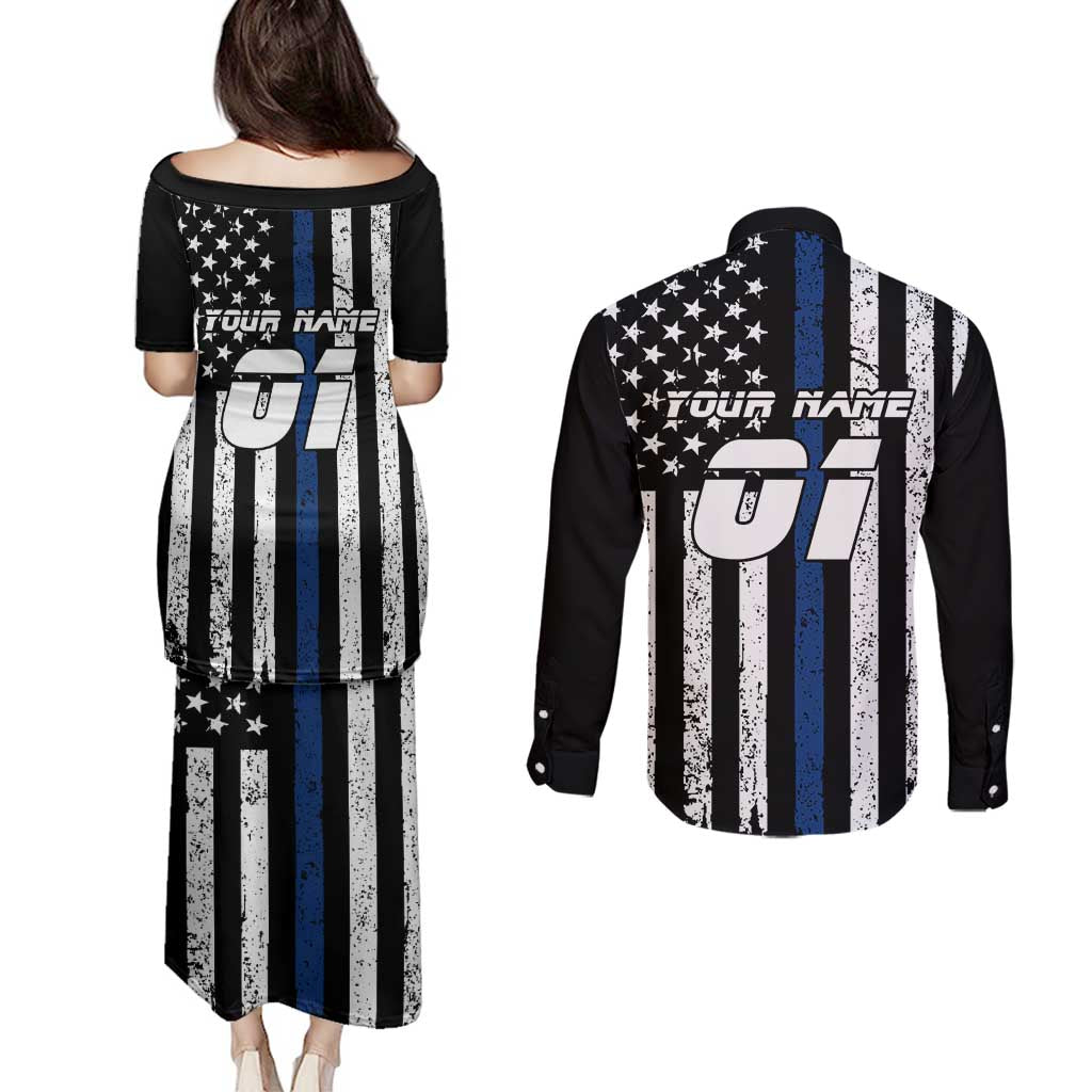 Personalized Motocross Rider Couples Matching Puletasi and Long Sleeve Button Shirt with Splash Pattern and Dirt Bike Jump Illustration - Wonder Print Shop