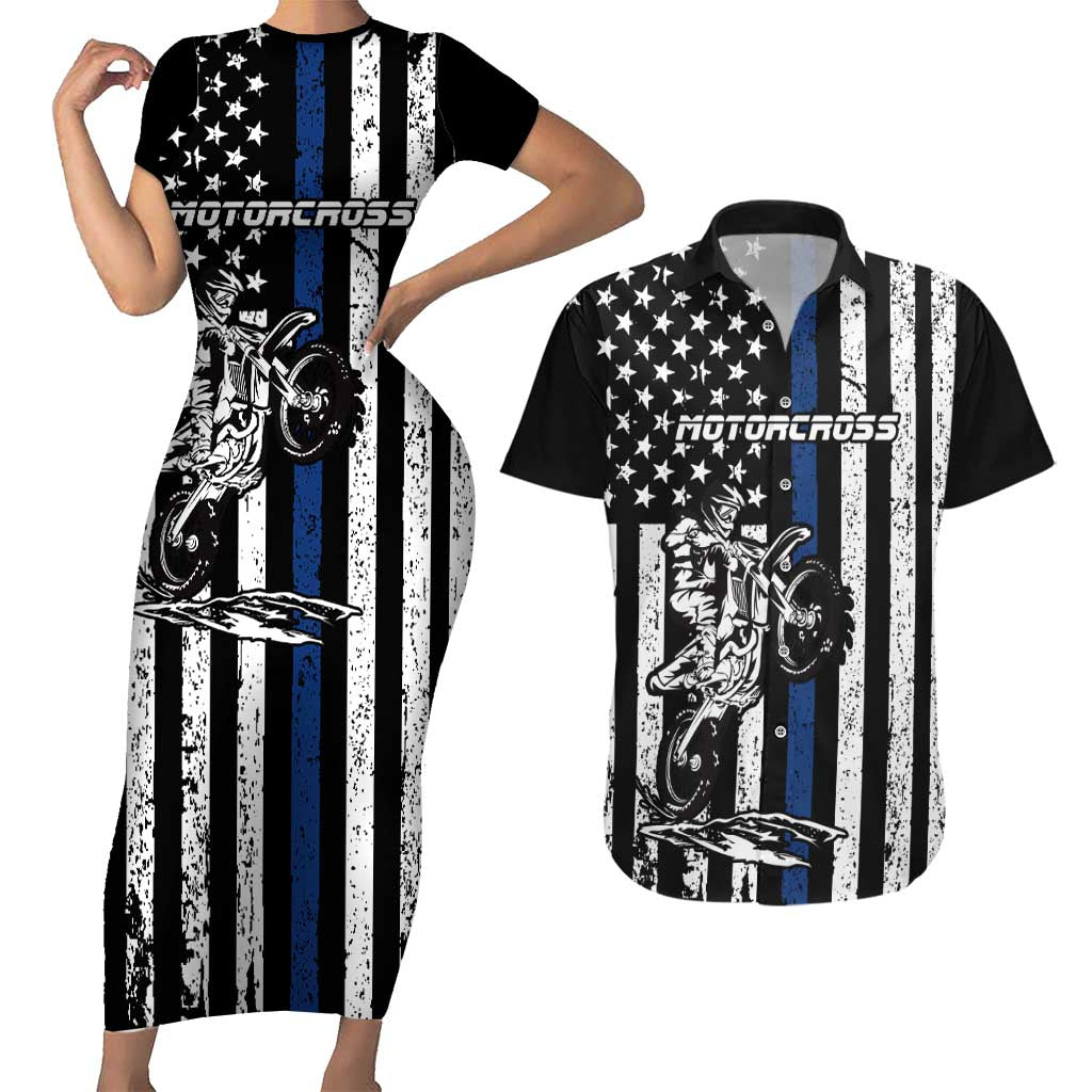 Personalized Motocross Rider Couples Matching Short Sleeve Bodycon Dress and Hawaiian Shirt with Splash Pattern and Dirt Bike Jump Illustration - Wonder Print Shop
