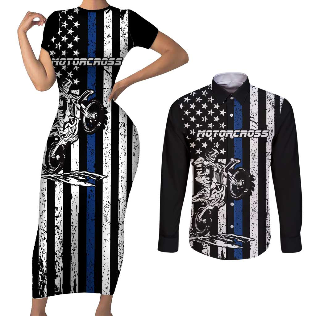 Personalized Motocross Rider Couples Matching Short Sleeve Bodycon Dress and Long Sleeve Button Shirt with Splash Pattern and Dirt Bike Jump Illustration - Wonder Print Shop