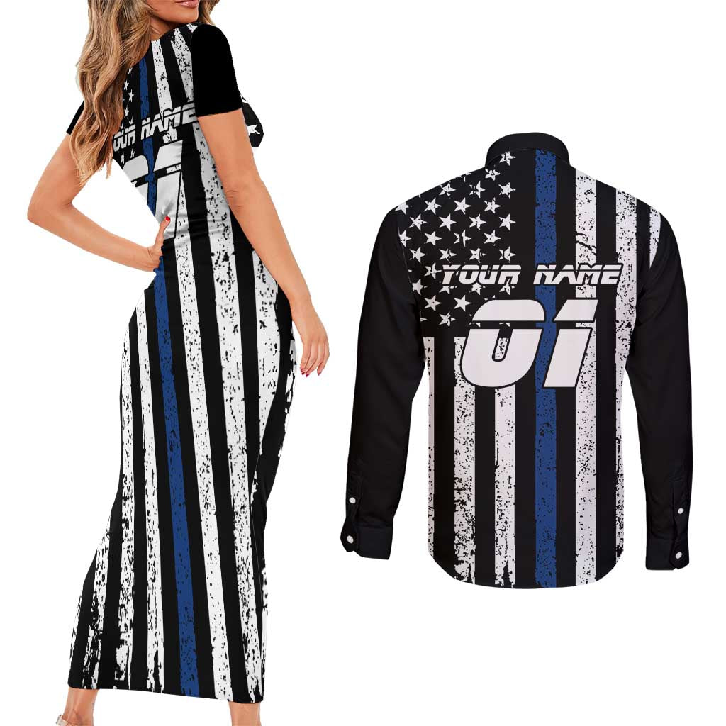 Personalized Motocross Rider Couples Matching Short Sleeve Bodycon Dress and Long Sleeve Button Shirt with Splash Pattern and Dirt Bike Jump Illustration - Wonder Print Shop
