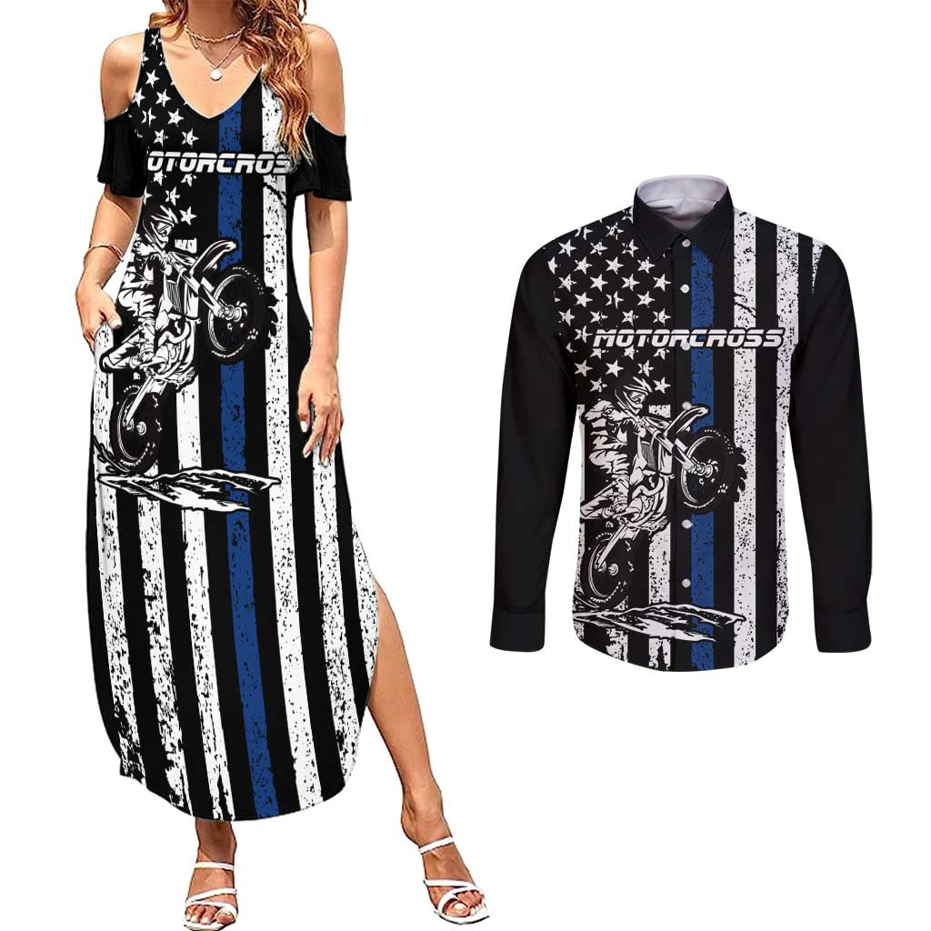 Personalized Motocross Rider Couples Matching Summer Maxi Dress and Long Sleeve Button Shirt with Splash Pattern and Dirt Bike Jump Illustration - Wonder Print Shop