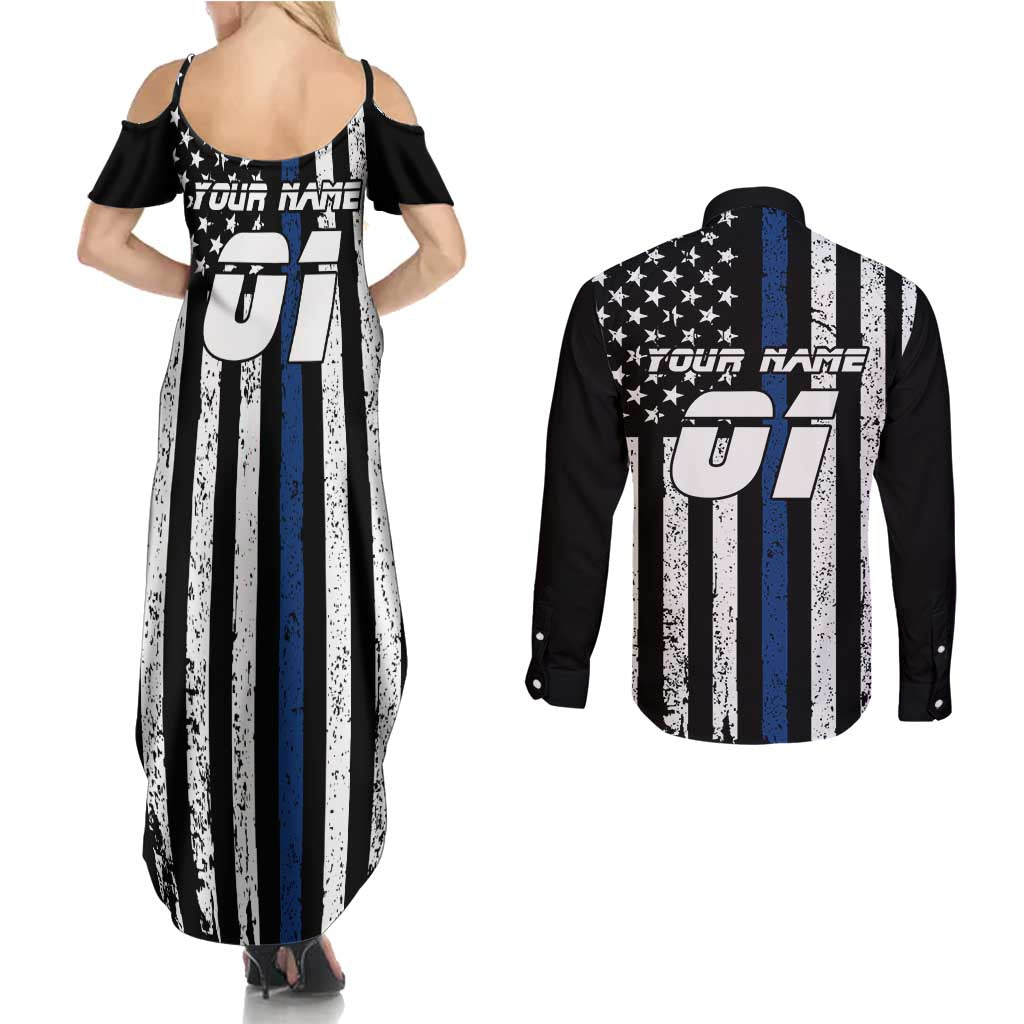 Personalized Motocross Rider Couples Matching Summer Maxi Dress and Long Sleeve Button Shirt with Splash Pattern and Dirt Bike Jump Illustration - Wonder Print Shop