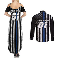 Personalized Motocross Rider Couples Matching Summer Maxi Dress and Long Sleeve Button Shirt with Splash Pattern and Dirt Bike Jump Illustration - Wonder Print Shop