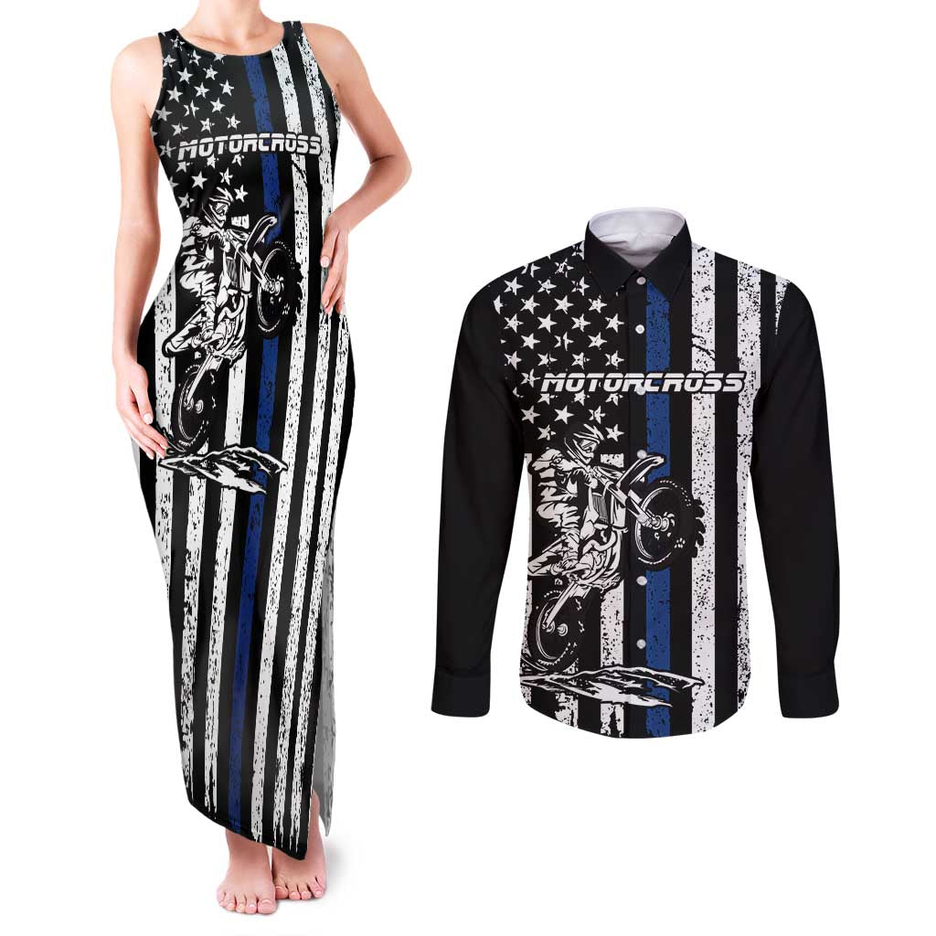 Personalized Motocross Rider Couples Matching Tank Maxi Dress and Long Sleeve Button Shirt with Splash Pattern and Dirt Bike Jump Illustration - Wonder Print Shop