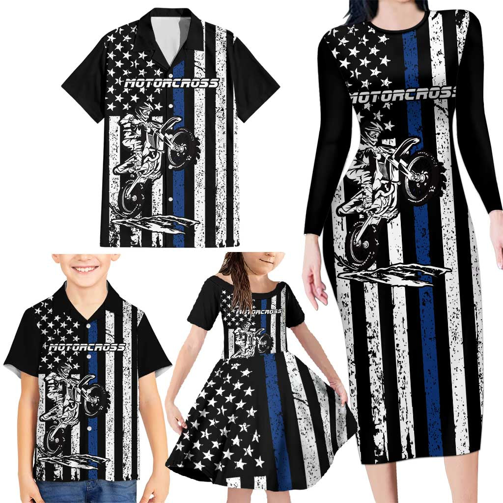 Personalized Motocross Rider Family Matching Long Sleeve Bodycon Dress and Hawaiian Shirt with Splash Pattern and Dirt Bike Jump Illustration - Wonder Print Shop