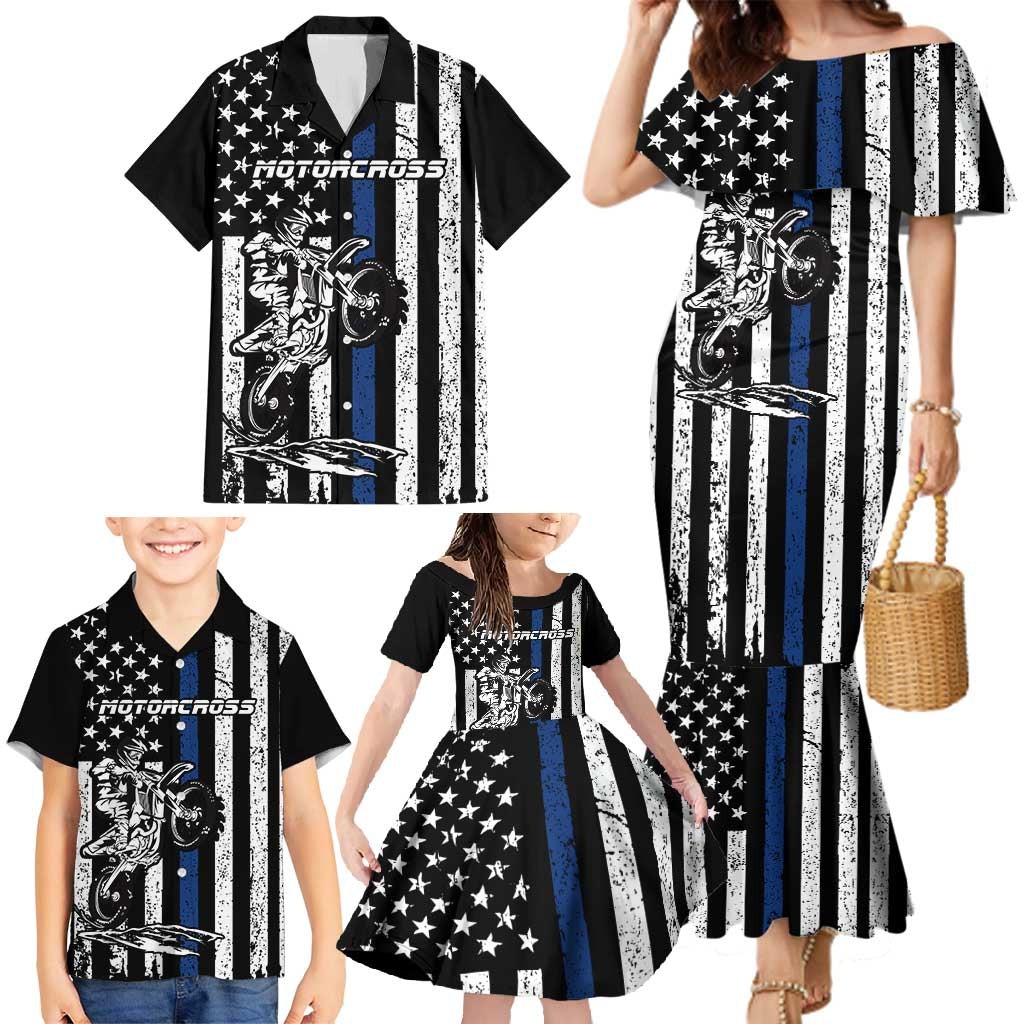 Personalized Motocross Rider Family Matching Mermaid Dress and Hawaiian Shirt with Splash Pattern and Dirt Bike Jump Illustration - Wonder Print Shop