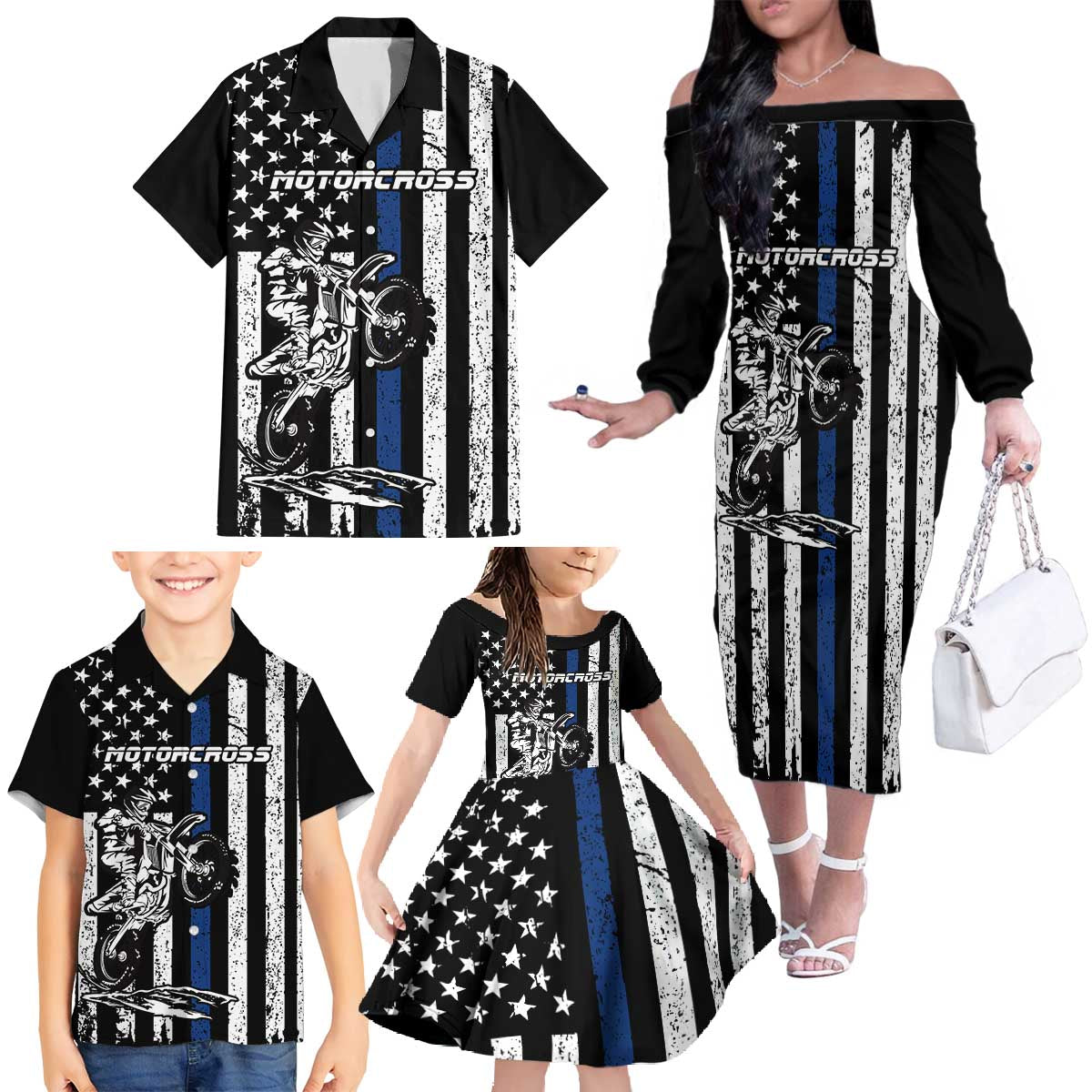Personalized Motocross Rider Family Matching Off The Shoulder Long Sleeve Dress and Hawaiian Shirt with Splash Pattern and Dirt Bike Jump Illustration - Wonder Print Shop