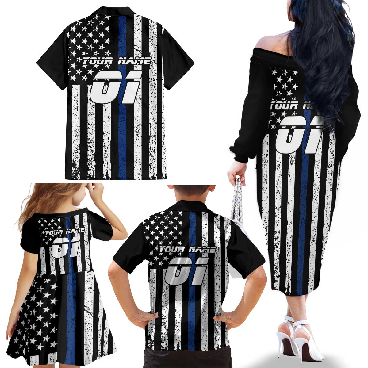 Personalized Motocross Rider Family Matching Off The Shoulder Long Sleeve Dress and Hawaiian Shirt with Splash Pattern and Dirt Bike Jump Illustration - Wonder Print Shop