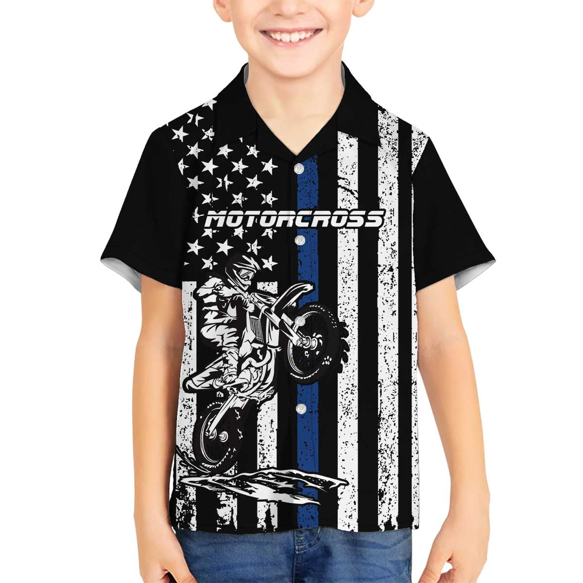 Personalized Motocross Rider Family Matching Off The Shoulder Long Sleeve Dress and Hawaiian Shirt with Splash Pattern and Dirt Bike Jump Illustration - Wonder Print Shop