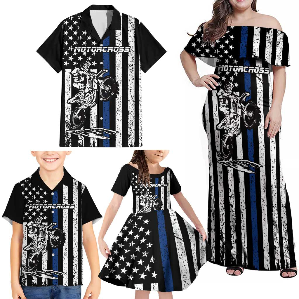 Personalized Motocross Rider Family Matching Off Shoulder Maxi Dress and Hawaiian Shirt with Splash Pattern and Dirt Bike Jump Illustration - Wonder Print Shop