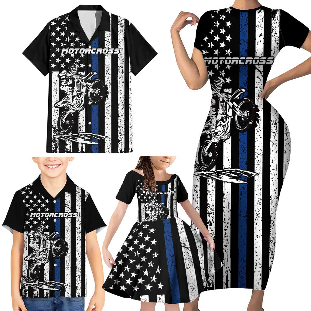 Personalized Motocross Rider Family Matching Short Sleeve Bodycon Dress and Hawaiian Shirt with Splash Pattern and Dirt Bike Jump Illustration - Wonder Print Shop