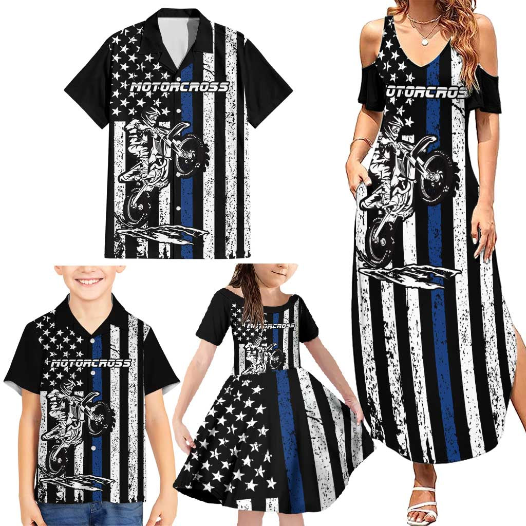 Personalized Motocross Rider Family Matching Summer Maxi Dress and Hawaiian Shirt with Splash Pattern and Dirt Bike Jump Illustration - Wonder Print Shop