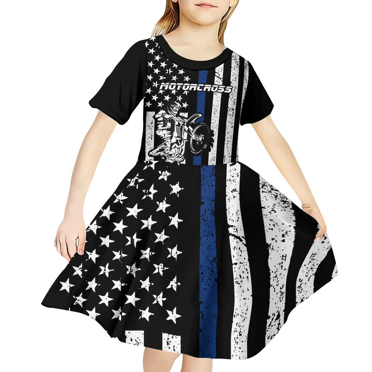 Personalized Motocross Rider Kid Short Sleeve Dress with Splash Pattern and Dirt Bike Jump Illustration - Wonder Print Shop