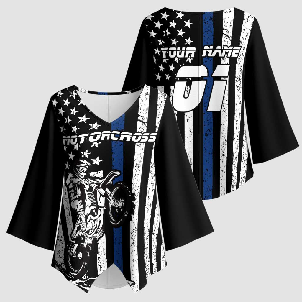 Personalized Motocross Rider Kimono Sleeve Blouse with Splash Pattern and Dirt Bike Jump Illustration - Wonder Print Shop