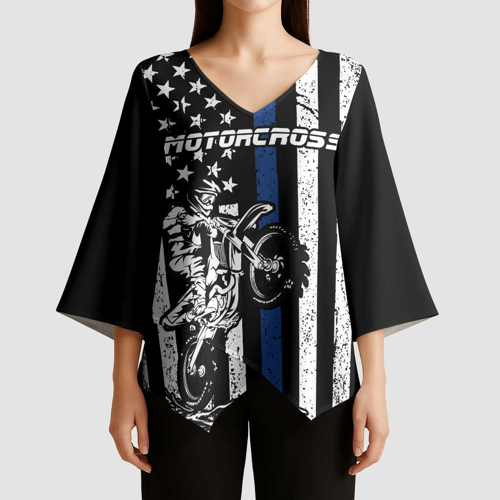 Personalized Motocross Rider Kimono Sleeve Blouse with Splash Pattern and Dirt Bike Jump Illustration - Wonder Print Shop