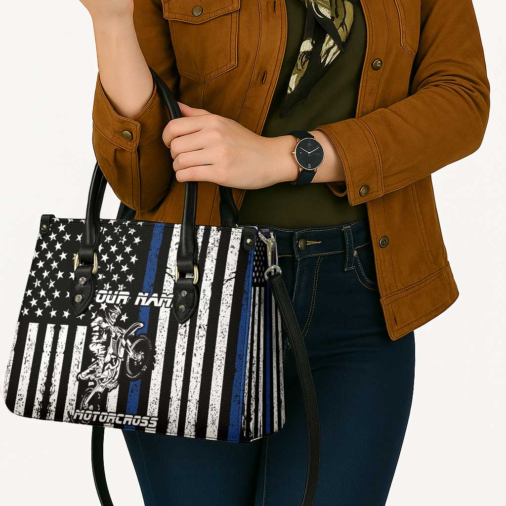 Personalized Motocross Rider Leather Bag with Splash Pattern and Dirt Bike Jump Illustration - Wonder Print Shop