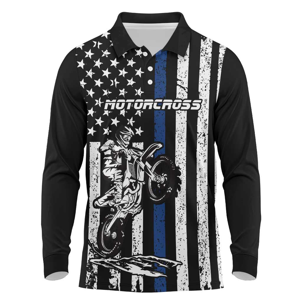 Personalized Motocross Rider Long Sleeve Polo Shirt with Splash Pattern and Dirt Bike Jump Illustration - Wonder Print Shop