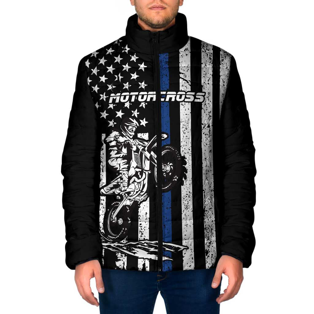 Personalized Motocross Rider Padded Jacket with Splash Pattern and Dirt Bike Jump Illustration - Wonder Print Shop