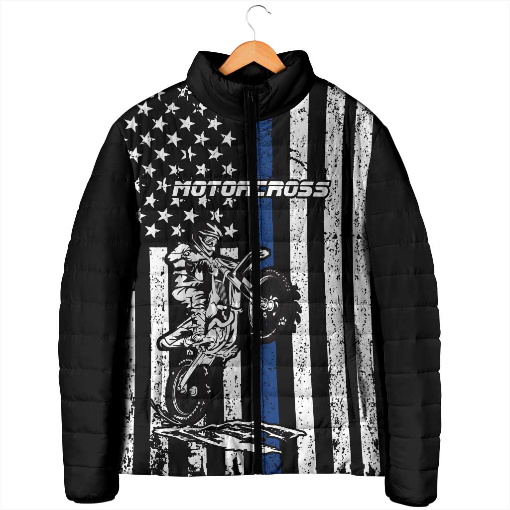 Personalized Motocross Rider Padded Jacket with Splash Pattern and Dirt Bike Jump Illustration - Wonder Print Shop