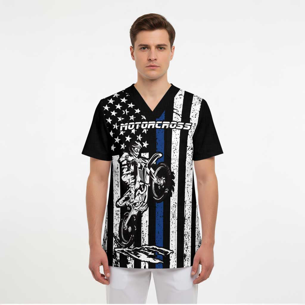 Personalized Motocross Rider Scrub Top with Splash Pattern and Dirt Bike Jump Illustration - Wonder Print Shop