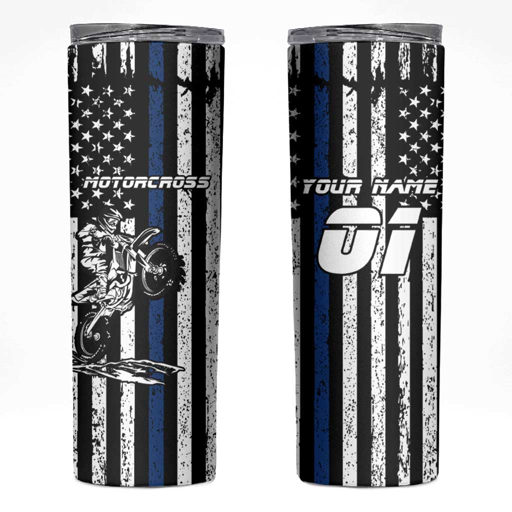 Personalized Motocross Rider Skinny Tumbler with Splash Pattern and Dirt Bike Jump Illustration - Wonder Print Shop
