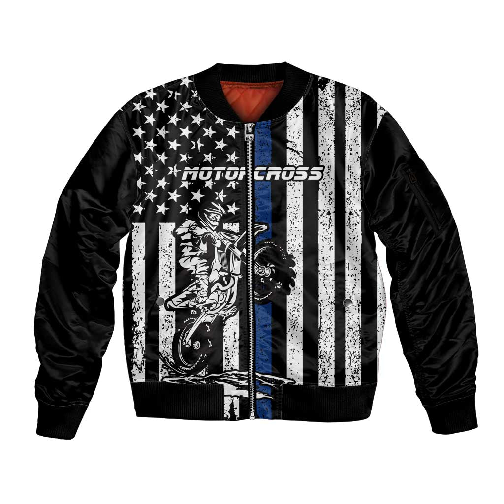 Personalized Motocross Rider Sleeve Zip Bomber Jacket with Splash Pattern and Dirt Bike Jump Illustration - Wonder Print Shop