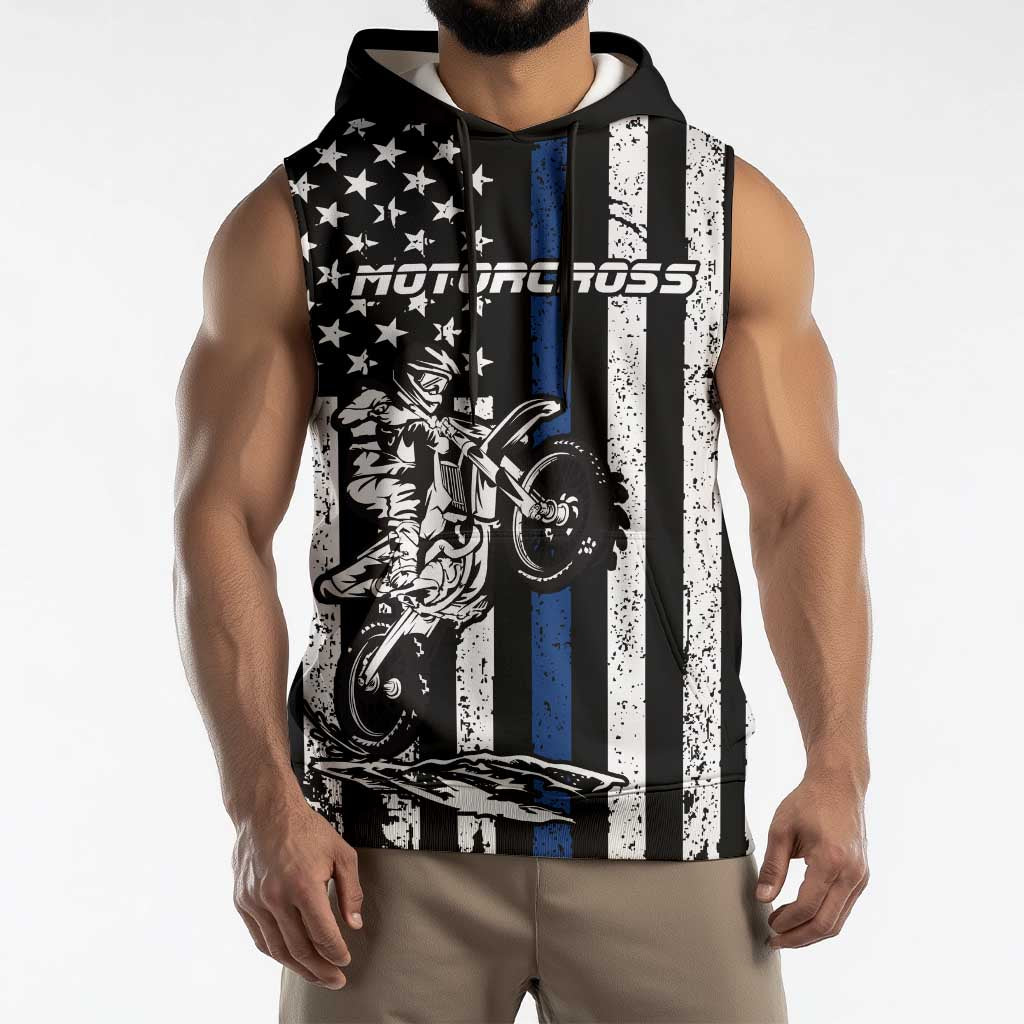 Personalized Motocross Rider Sleeveless Hoodie with Splash Pattern and Dirt Bike Jump Illustration - Wonder Print Shop