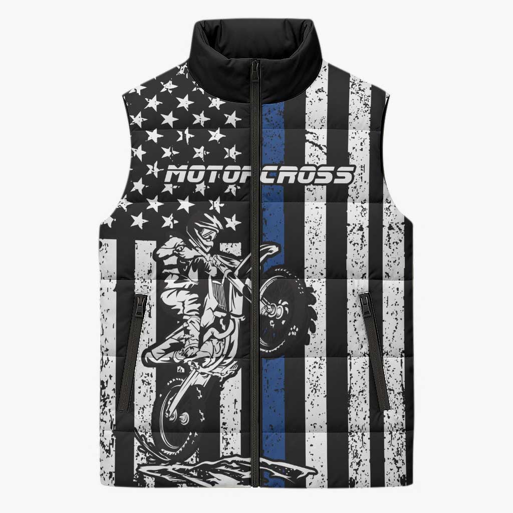 Personalized Motocross Rider Sleeveless Puffer Jacket with Splash Pattern and Dirt Bike Jump Illustration - Wonder Print Shop