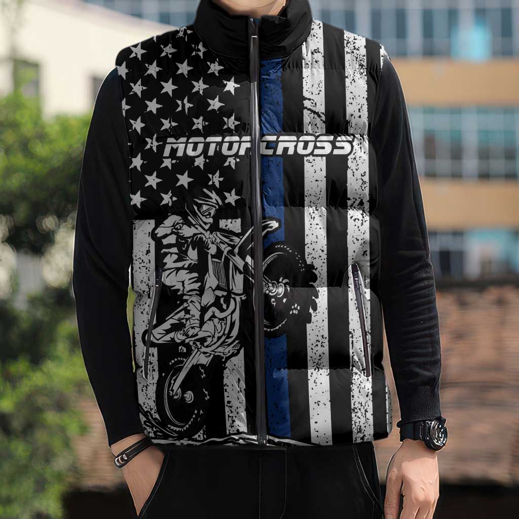 Personalized Motocross Rider Sleeveless Puffer Jacket with Splash Pattern and Dirt Bike Jump Illustration - Wonder Print Shop