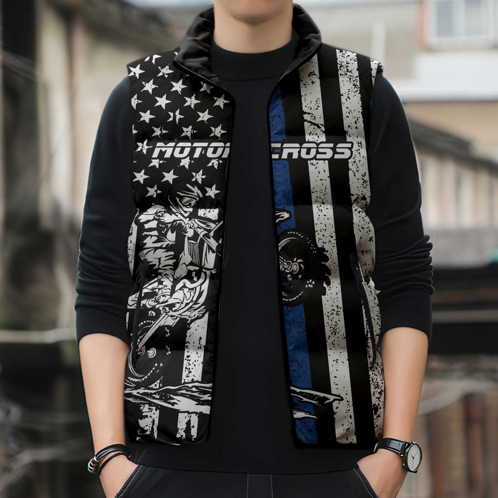 Personalized Motocross Rider Sleeveless Puffer Jacket with Splash Pattern and Dirt Bike Jump Illustration - Wonder Print Shop