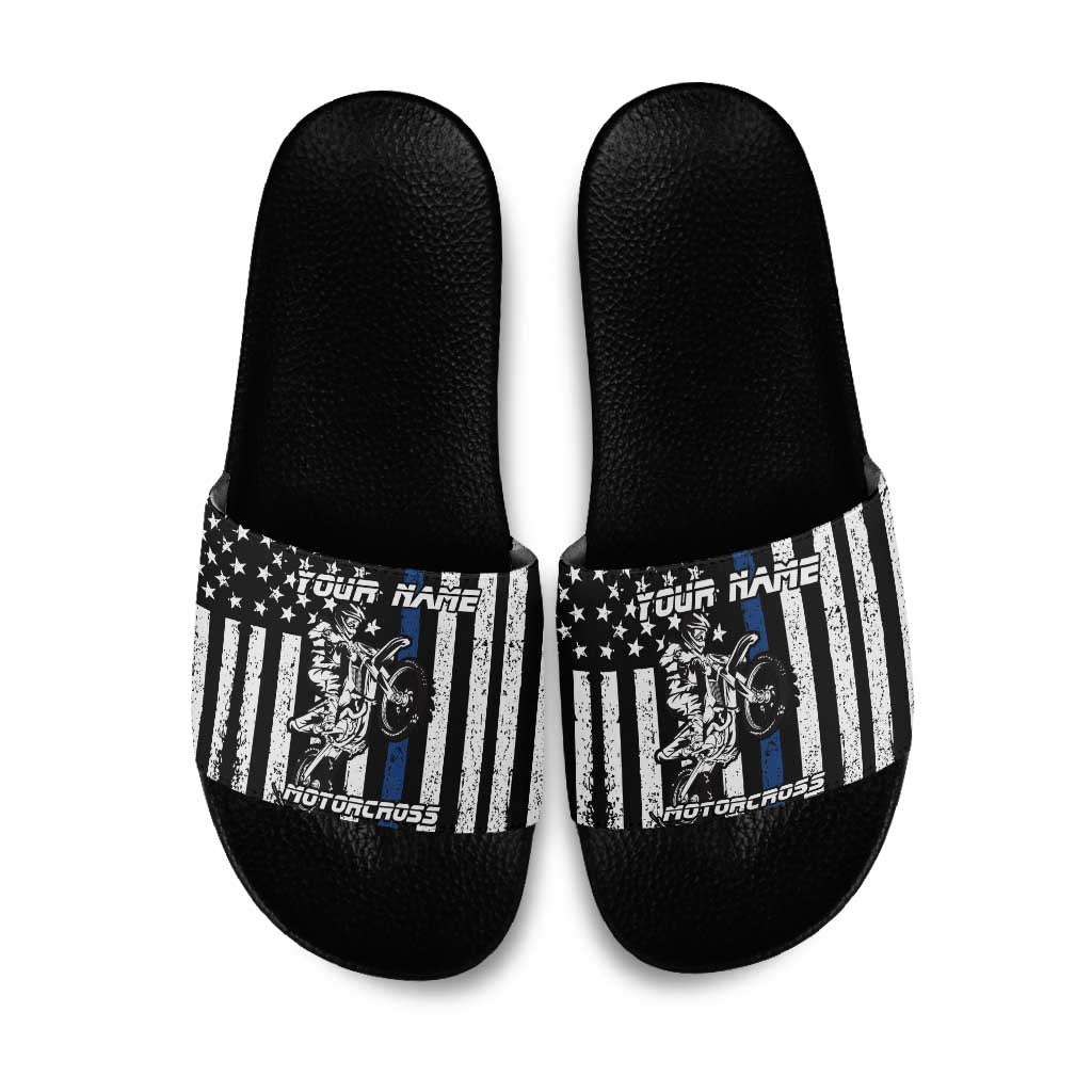 Personalized Motocross Rider Slide Sandals with Splash Pattern and Dirt Bike Jump Illustration - Wonder Print Shop