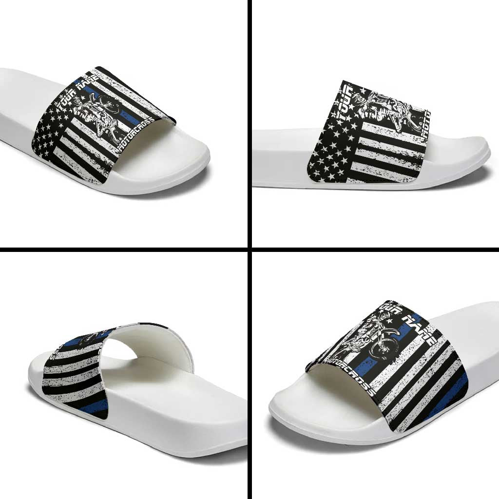 Personalized Motocross Rider Slide Sandals with Splash Pattern and Dirt Bike Jump Illustration - Wonder Print Shop