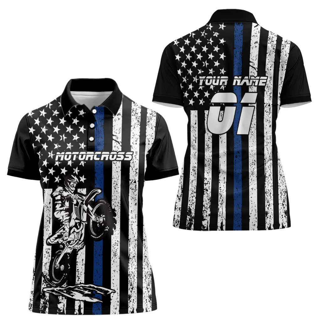 Personalized Motocross Rider Women Polo Shirt with Splash Pattern and Dirt Bike Jump Illustration - Wonder Print Shop
