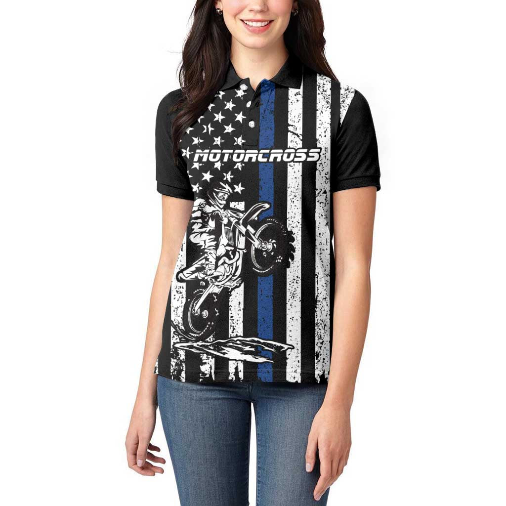 Personalized Motocross Rider Women Polo Shirt with Splash Pattern and Dirt Bike Jump Illustration - Wonder Print Shop