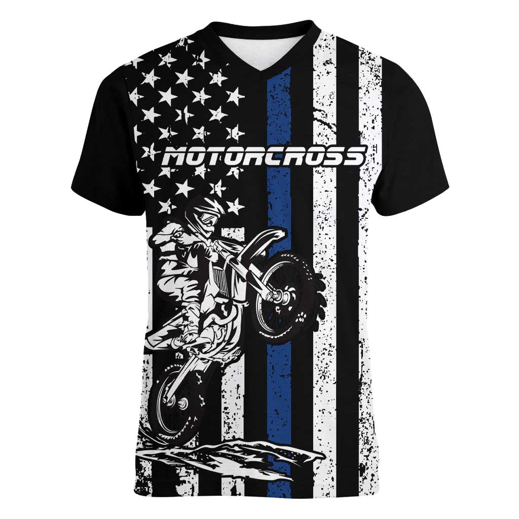 Personalized Motocross Rider Women V-Neck T-Shirt with Splash Pattern and Dirt Bike Jump Illustration - Wonder Print Shop