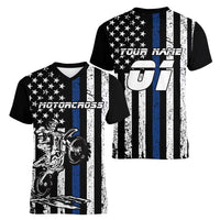 Personalized Motocross Rider Women V-Neck T-Shirt with Splash Pattern and Dirt Bike Jump Illustration - Wonder Print Shop