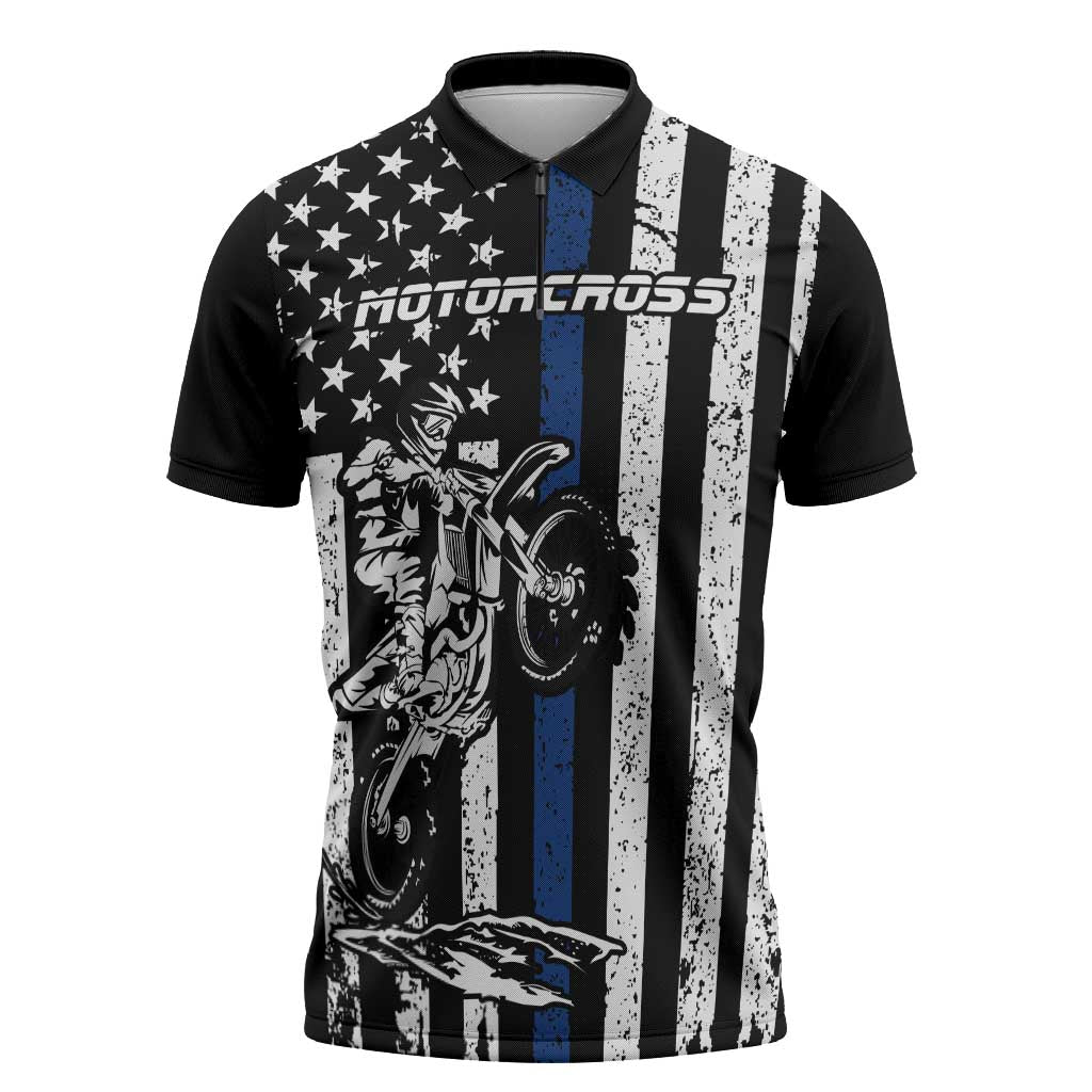Personalized Motocross Rider Zipper Polo Shirt with Splash Pattern and Dirt Bike Jump Illustration - Wonder Print Shop