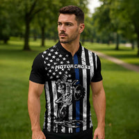 Personalized Motocross Rider Zipper Polo Shirt with Splash Pattern and Dirt Bike Jump Illustration - Wonder Print Shop