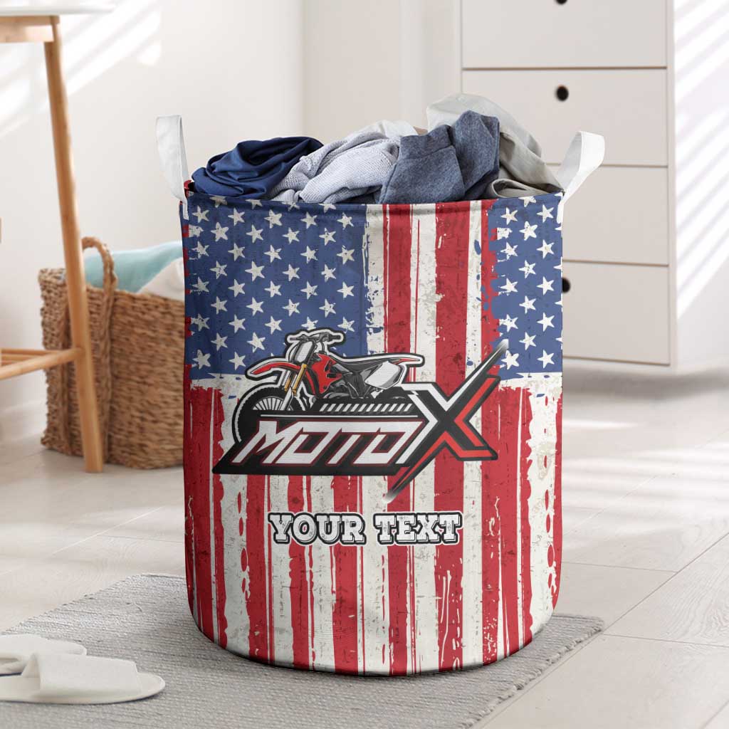 Personalized Motocross Rider Laundry Basket with American Flag and Thin Blue Line Pattern - Wonder Print Shop